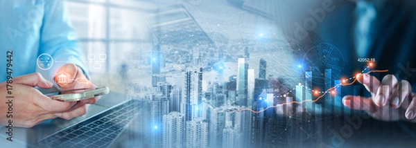 Fototapeta Business, finance and investment concept. Business man analyzing and calculating tax, financial data with economic graph growth chart, strategy and budget planning, digital banking and market. banner.