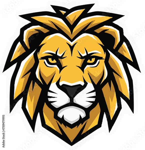 Fototapeta Powerful lion head graphic with a majestic golden mane and intense eyes in black and yellow. A striking animal illustration for mascots, sports teams, or strong brands.