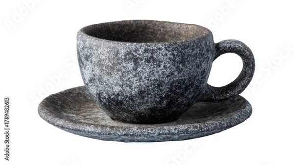 Fototapeta Speckled ceramic cup with curved handle and saucer on black background