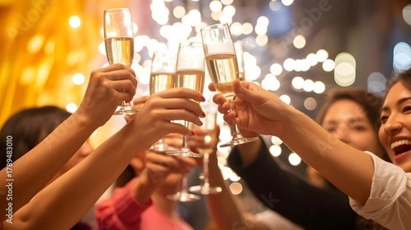 Fototapeta Celebration toast with sparkling wine and festive sparklers creating a joyful atmosphere