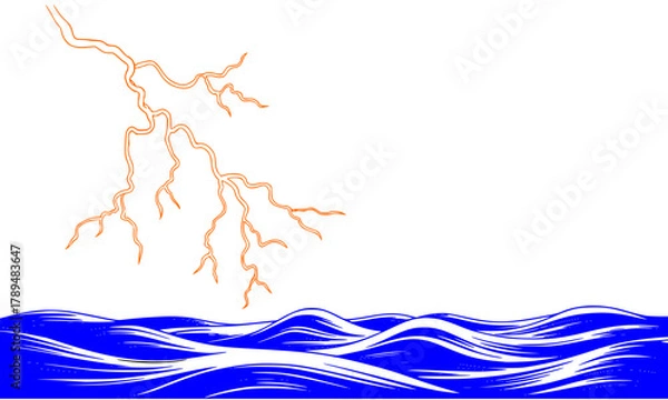 Fototapeta Orange lightning strike connecting with stylized blue ocean waves, dynamic weather illustration, abstract minimalist depiction of storm and water energy, isolated on white.
