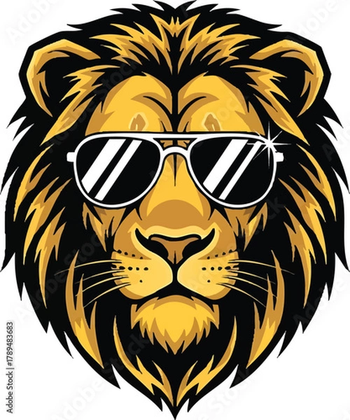Fototapeta Cool lion head graphic with sunglasses and a majestic mane in black and yellow. A fun, stylish animal illustration for mascots, brands, or cool designs.