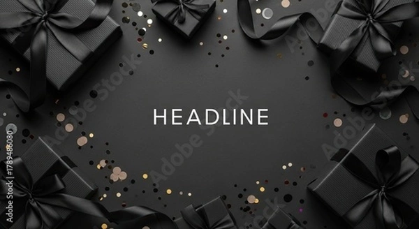 Obraz Elegant Black Gift Boxes Tied With Satin Ribbons And Confetti For Special Occasion