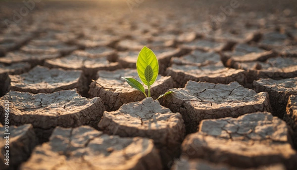 Obraz Resilient sprout emerging from cracked, dry earth, symbolizing hope and environmental challenges.