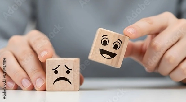 Fototapeta A persons hands holding wooden blocks with sad and happy face emojis, representing emotions and mood changes