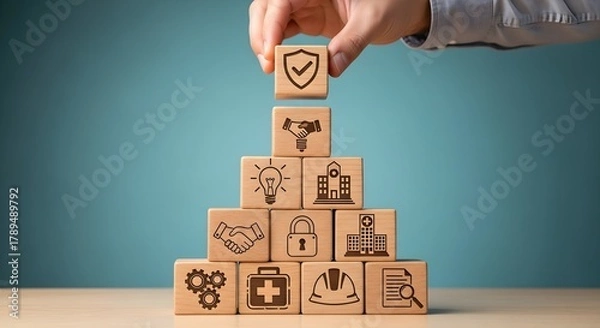 Fototapeta Hand stacking wooden blocks with icons representing safety, security, and business growth, symbolizing a secure and prosperous future