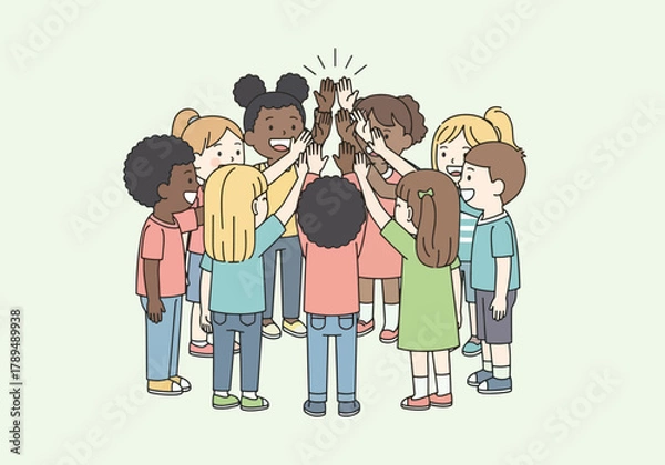 Fototapeta A group of diverse children are depicted giving each other a high five in a circle, symbolizing teamwork and unity.