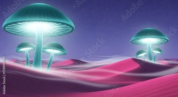 Obraz Bioluminescent Teal Mushrooms on Hot-Pink Dunes under Periwinkle Sky