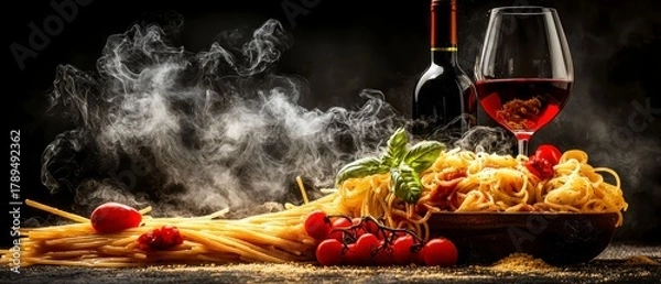 Fototapeta Steaming Hot Spaghetti with Red Wine