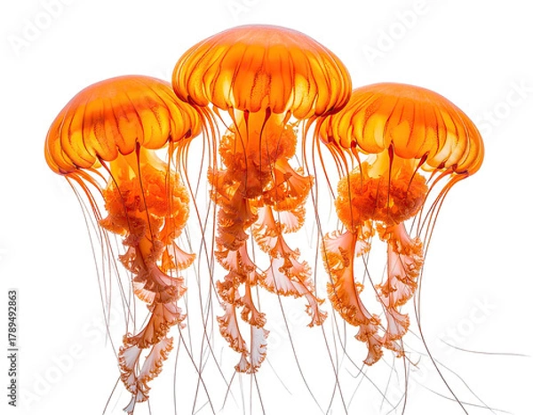Fototapeta Trio of amber jellyfish with long, flowing tentacles