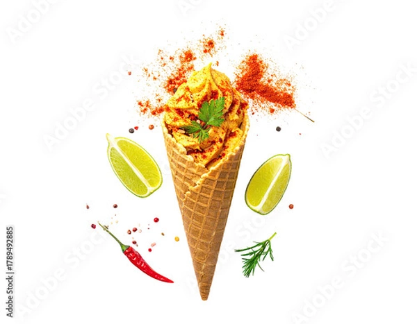 Fototapeta Savory ice cream cone, lime, chili, pepper on black backdrop