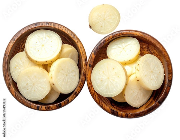 Fototapeta Sliced daikon in two wood bowls, overhead angle, clean cut