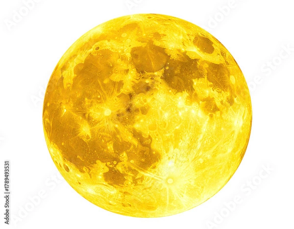 Fototapeta Full golden moon, craters, and lunar details against dark void