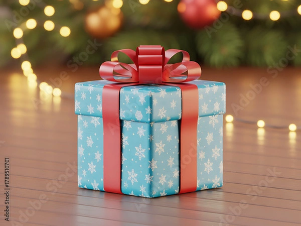 Fototapeta Festive hexagonal blue gift box wrapped with red ribbon for holidays