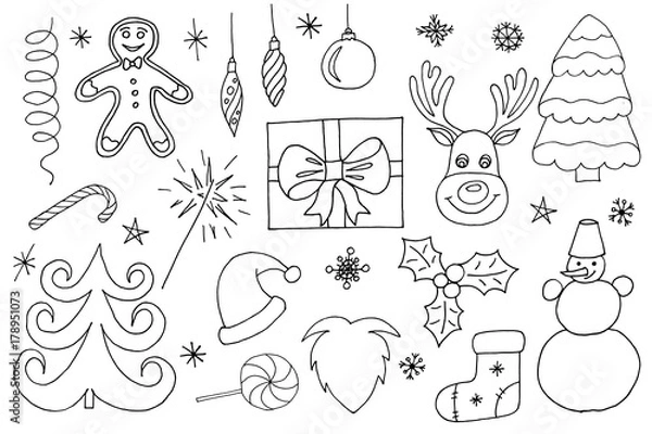 Fototapeta Sketchy vector hand drawn Doodle cartoon set of objects and symbols on the Merry Christmas