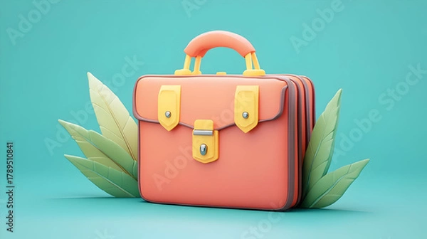 Fototapeta 3D Render of a Coral Briefcase with Yellow Accents and Green Leaves on Teal Background