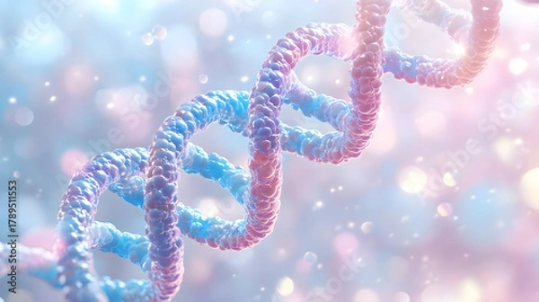 Fototapeta 3D Render of a Glowing DNA Double Helix in a Pastel Pink and Blue Background