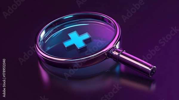 Fototapeta 3D Render of a Magnifying Glass with a Glowing Blue Plus Sign on a Dark Purple Background