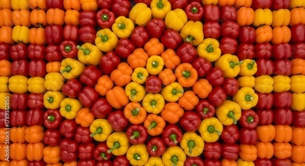 Fototapeta A vibrant geometric mosaic of colorful bell peppers creating a stunning visual display of agricultural abundance and healthy eating concepts