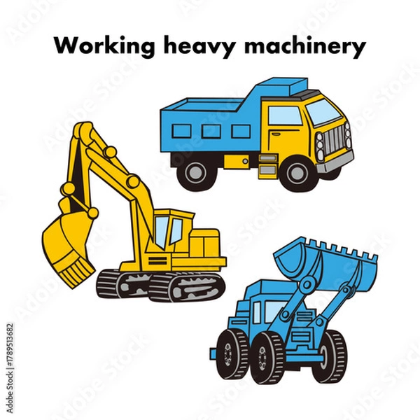 Obraz 工事現場で働くショベルカー・ダンプカー・ブルドーザーの重機イラストセット