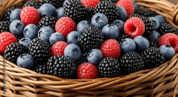 Fototapeta A close-up shot of a woven basket overflowing with a variety of fresh, ripe berries, including blueberries, raspberries, and blackberries