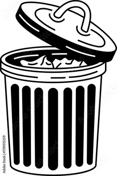 Fototapeta Solid line icon of open trash can with paper waste inside, related to garbage disposal