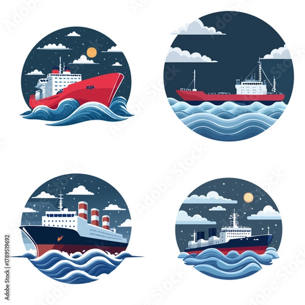 Obraz Set of vintage-style cargo freighter ships sailing on stormy waves at night, flat vector illustration, minimal round composition.