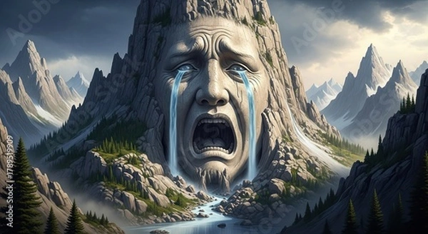 Fototapeta Majestic Mountain Face Crying Tears Forming a River in a Surreal Landscape.