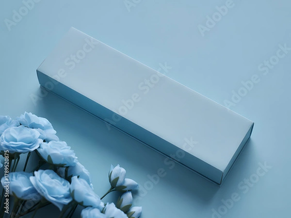 Obraz Light blue gift box adorned with delicate roses on soft pastel background