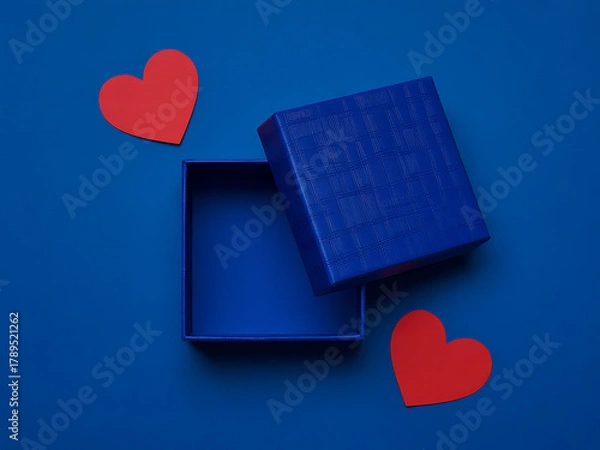 Obraz Open blue gift box with floating red hearts on vibrant blue background