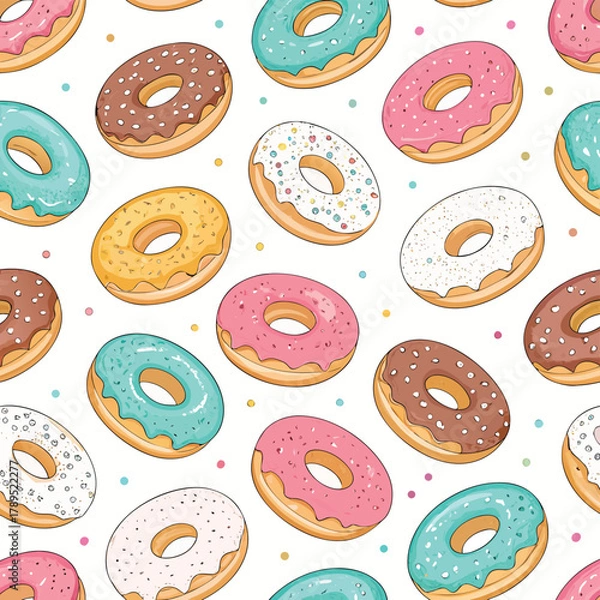 Fototapeta Stack of three colorful donuts with pink, blue, and brown glaze, decorated with sprinkles, delicious dessert illustration	
