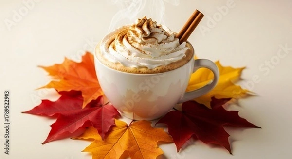 Fototapeta ThanksGiving Day Indulge in the Flavors of Fall with Steaming Pumpkin Spice Latte Topped with Whipped Cream and Cinnamon Stick Resting on Vibrant Autumn Leaves, Perfect for Cozy Moments and Seasonal D