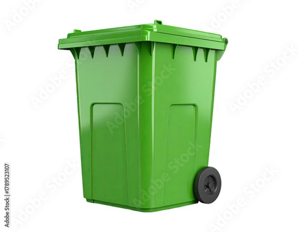 Fototapeta Bright green wheeled garbage bin, square and slightly angled