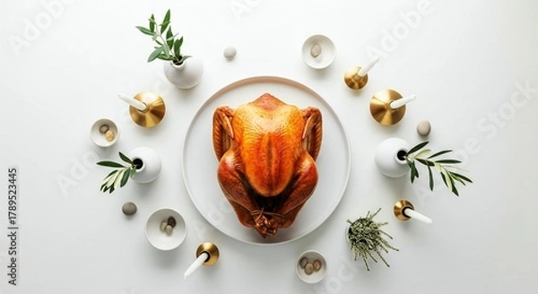 Obraz ThanksGiving Day Golden roasted turkey centerpiece for elegant Thanksgiving dinner with candles and minimalist decor, perfect for holiday promotions and warm family gatherings, modern aesthetic