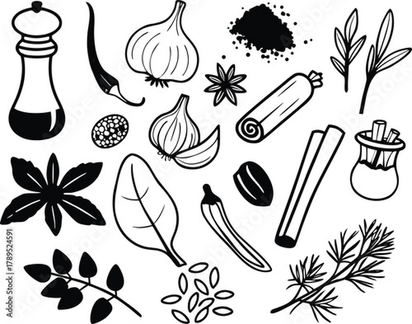 Fototapeta Hand drawn spice and herb icons vector pack scalable culinary ingredients for food design