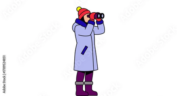 Fototapeta Woman looking through binoculars in winter coat and hat vector art vector