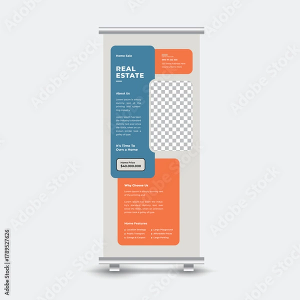 Fototapeta Real estate rollup banner template for home sale with contact information and property features