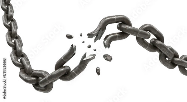 Obraz Broken metal chain with broken links on white background.