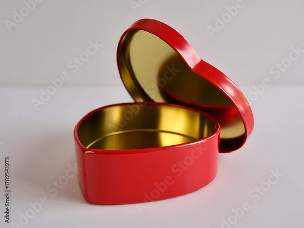 Obraz Open Red Heart Shaped Tin Box with Golden Interior on White Background