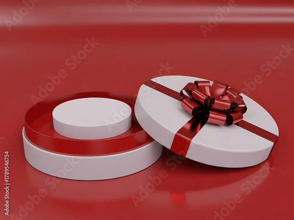 Fototapeta Elegant White Gift Box with Red Ribbon and Bow on Red Background
