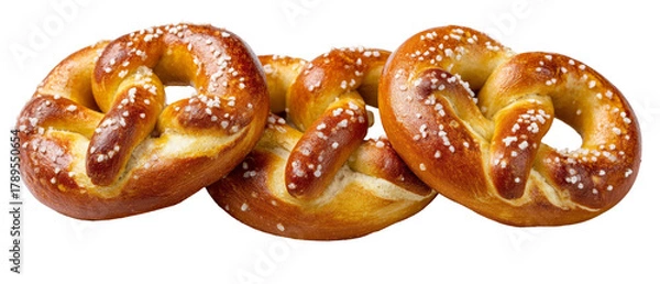 Fototapeta Three freshly baked, golden-brown pretzels sprinkled with coarse salt, arranged appetizingly on a white background, suggesting a delicious snack option for gatherings or events