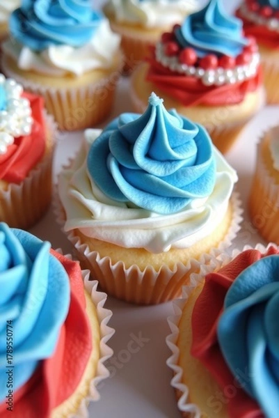 Fototapeta Close up of patriotic cupcakes with red white and blue frosting