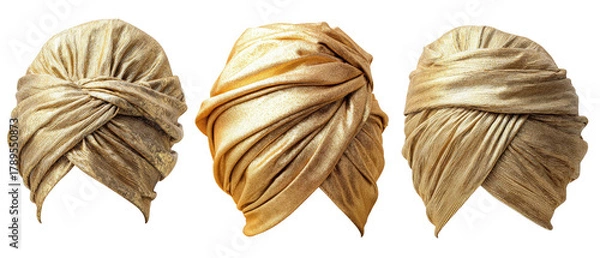 Fototapeta A stunning display of three intricately wrapped golden turbans, showcasing the elegance and craftsmanship of traditional headwear, set against a clean, neutral background