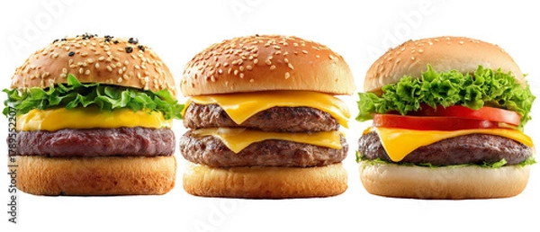 Fototapeta A vibrant display of three delicious burgers featuring fresh lettuce, melted cheese, and juicy patties, set against a clean background, perfect for food advertising or menu design