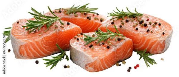 Fototapeta Fresh salmon fillets garnished with aromatic rosemary and black peppercorns, arranged on a clean surface, ideal for culinary presentations or food-related content