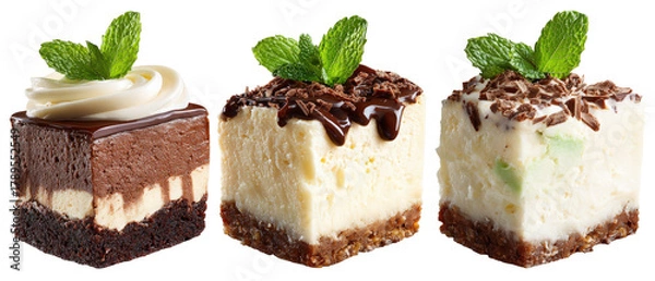 Fototapeta A tempting assortment of three delicious dessert squares featuring chocolate mousse, creamy cheesecake, and refreshing mint garnish, set against a clean background ideal for culinary promotions
