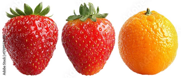 Fototapeta A vibrant arrangement of fresh strawberries and an orange, showcasing their rich colors and textures, ideal for food photography, culinary presentations, or healthy lifestyle promotions