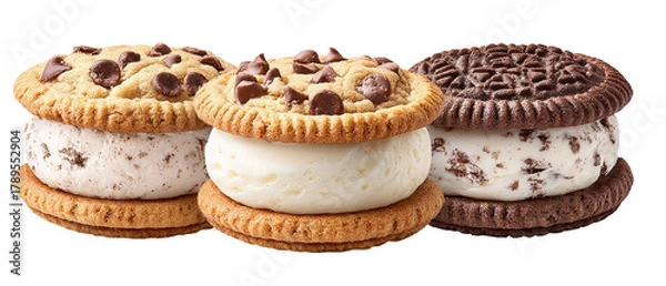 Fototapeta Three delicious ice cream sandwiches featuring chocolate chip cookie, vanilla ice cream, and Oreo cookies, arranged appealingly on a white background, perfect for dessert promotion