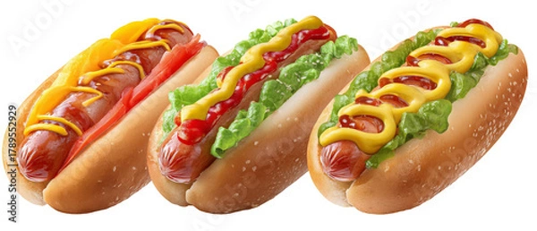 Fototapeta A vibrant display of three gourmet hot dogs topped with fresh lettuce, tomatoes, and condiments, set against a clean white background, ideal for culinary promotions or food blogs