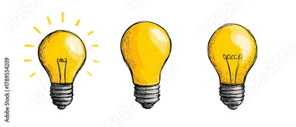 Fototapeta A creative illustration of three light bulbs in varying styles, symbolizing ideas and innovation, set against a simple background that enhances the focus on the bulbs
